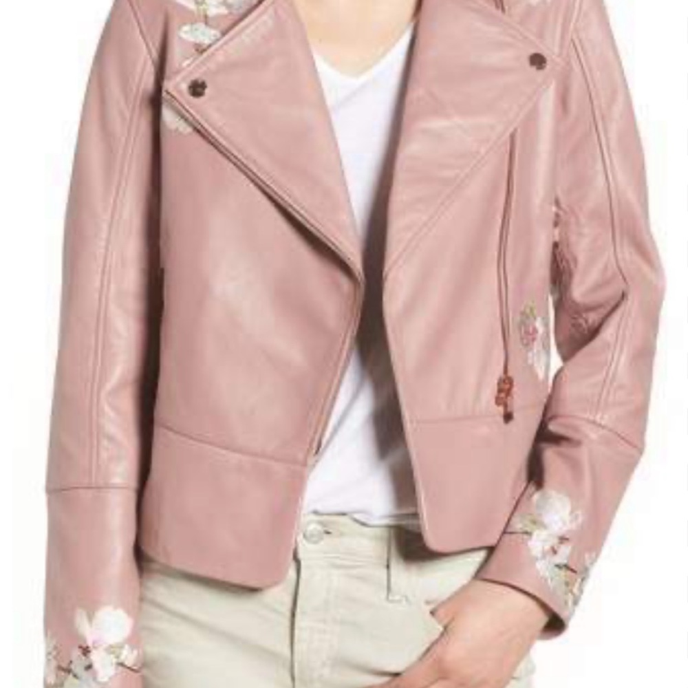 Ted Baker London Pink Leather Moto Jacket Asymmetrical Zipper